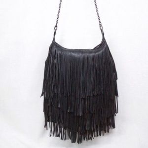 LOST & FOUND Black Leather All Over Fringe Crossbody